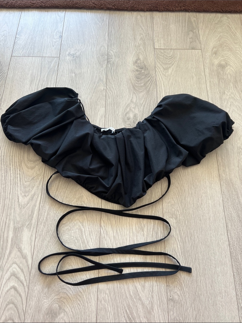 Zara Black Off The Shoulder Puff Sleeve Crop Top with Ties